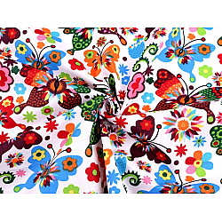 Bedrucktes Baumwollmaterial, Blumenmotive und Schmetterlinge, Meter - Weiß