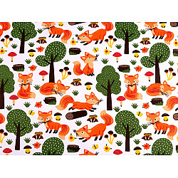 Bedruckte Baumwolle, Fuchsmotive im Wald, bei Meter - Weiß