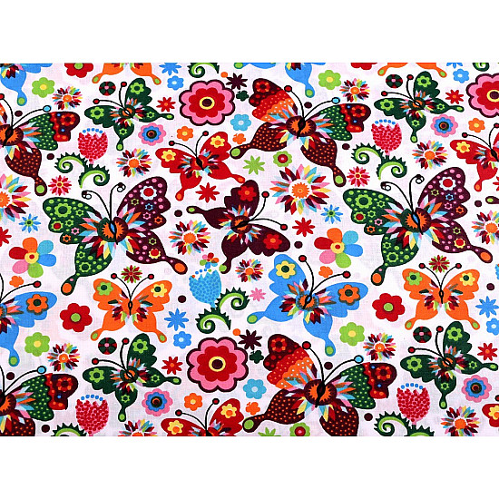 Bedrucktes Baumwollmaterial, Blumenmotive und Schmetterlinge, Meter - Weiß