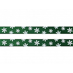 Satinband, Eindruck von Schneeflocken, 10 mm breit (Rolle 20 m) - dunkelgrün