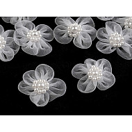 Organza Blume Ø 30 – 35 mm mit Perlen, weiß, 10 Stück