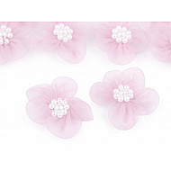Organza Blume Ø 30 – 35 mm mit Perlen, Hellrosa, 10 Stück